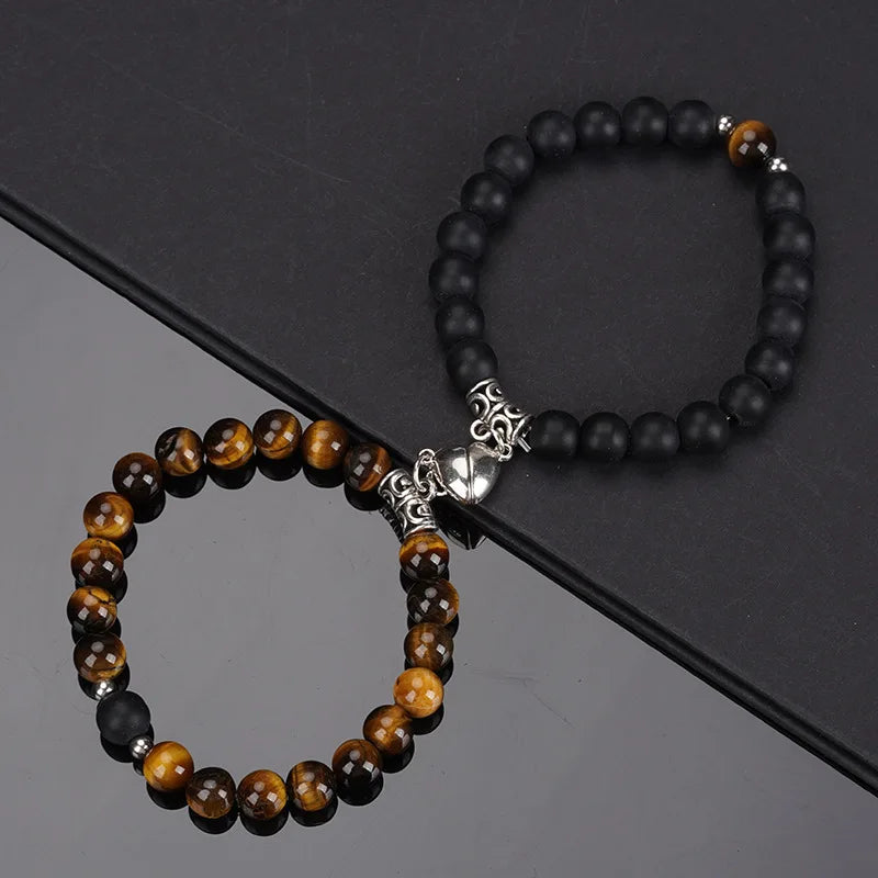 2PCS/Set Beads Couple Bracelets Natural Stone Distance Heart Magnet Bracelet For Lovers  Fashion Lovers Jewelry Gift